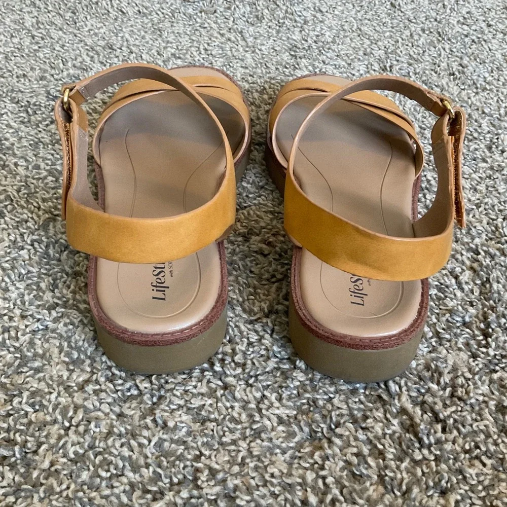 LifeStride Wren Platform Sandals Womens 7W Golden Yellow Strappy Comfort Shoes